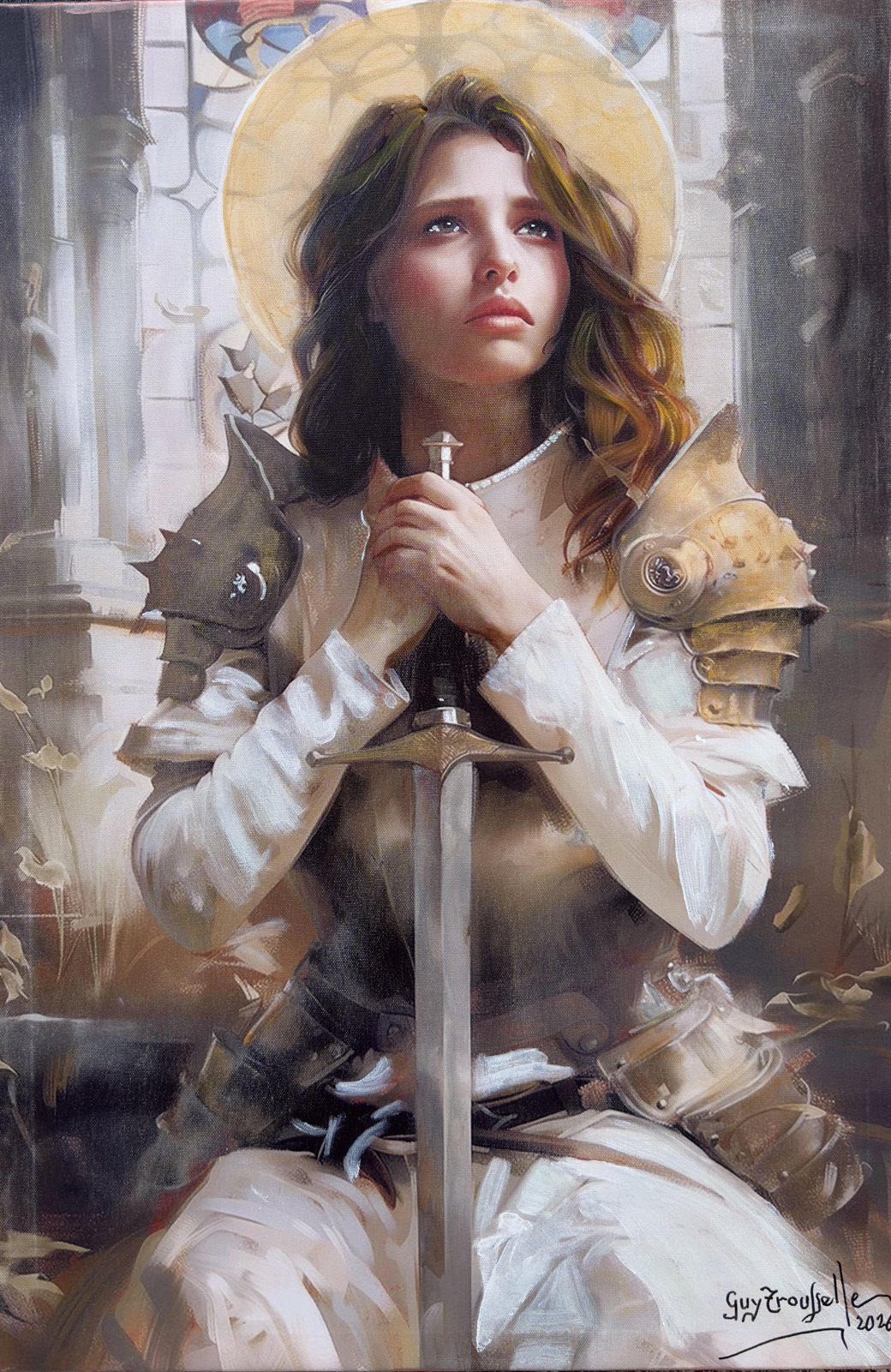 L’Épée et la Lumière — Sainte Jeanne d’Arc en prière, tableau de Guy Trousselle
