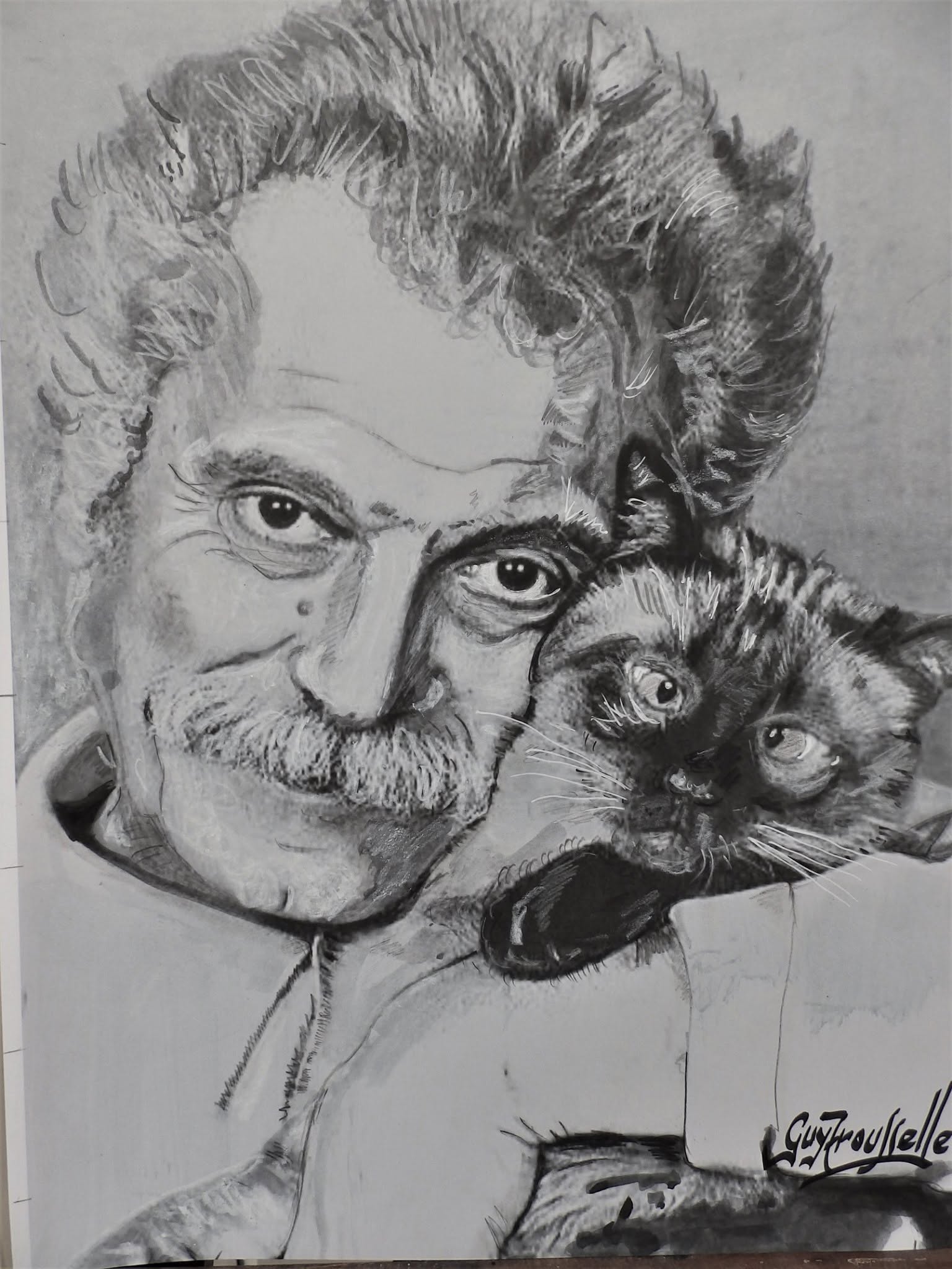 Georges Brassens et son chat — œuvre de Guy Trousselle